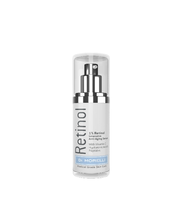 Retinol serum bottle with pump on a white background