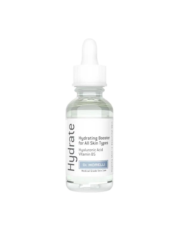 Skincare dropper bottle labeled 'Hydrate' on a white background