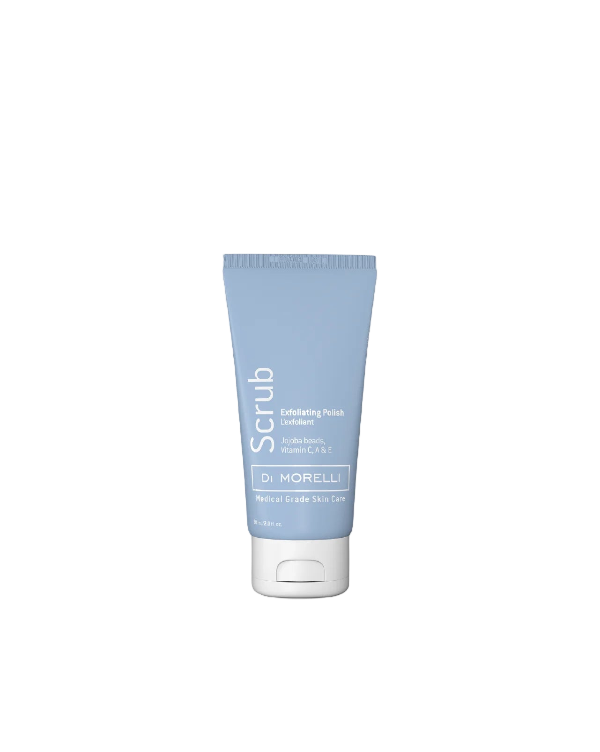 Tube of scrub with blue label on a white background