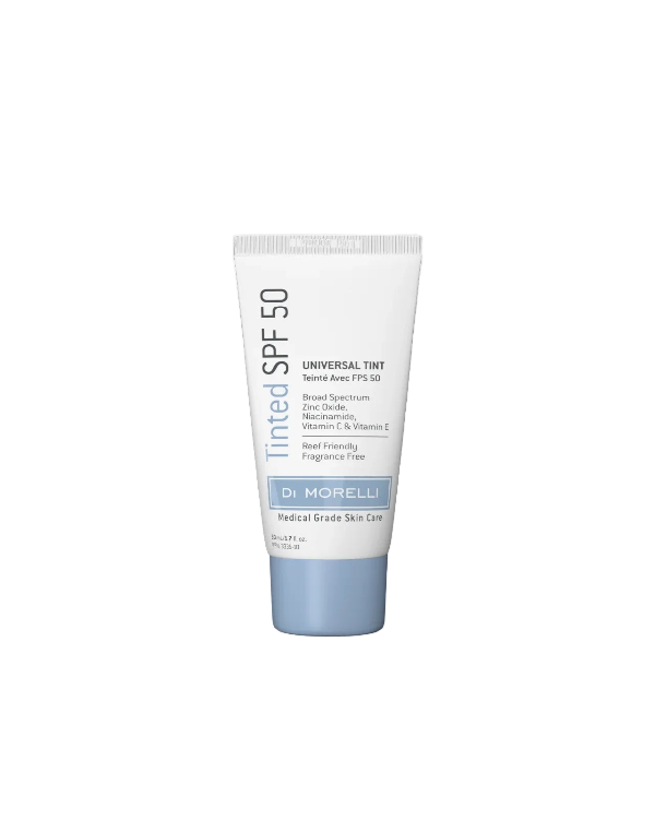 Tube of tinted SPF 50 sunscreen on a white background