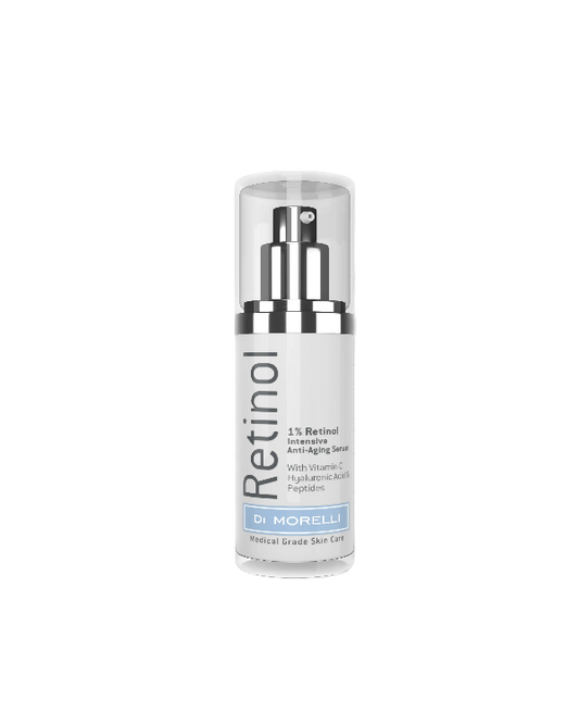 Retinol serum bottle with pump on a white background
