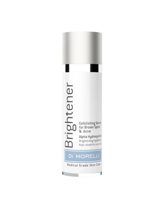 Skincare serum bottle labeled 'Brightener' by Dr. Morello on a white background