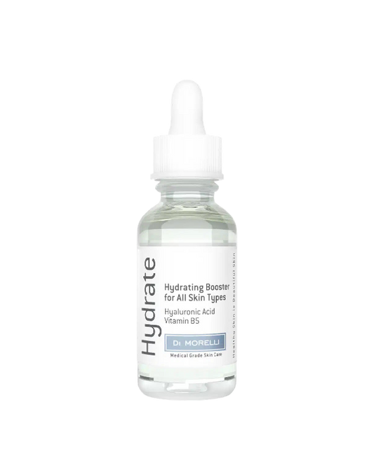 Skincare dropper bottle labeled 'Hydrate' on a white background