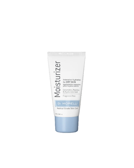 Tube of moisturizer with blue cap on a white background