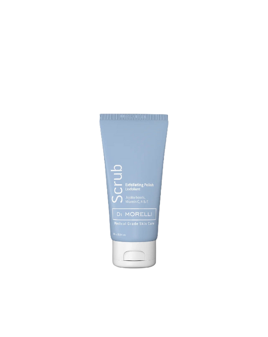 Tube of scrub with blue label on a white background