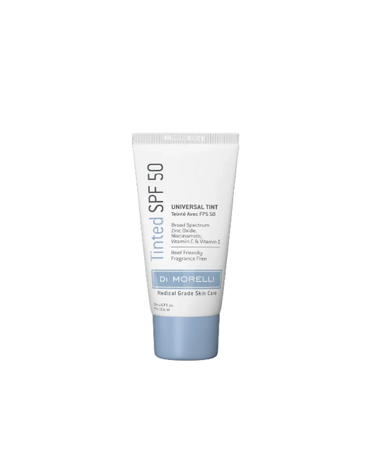 Tube of tinted SPF 50 sunscreen on a white background
